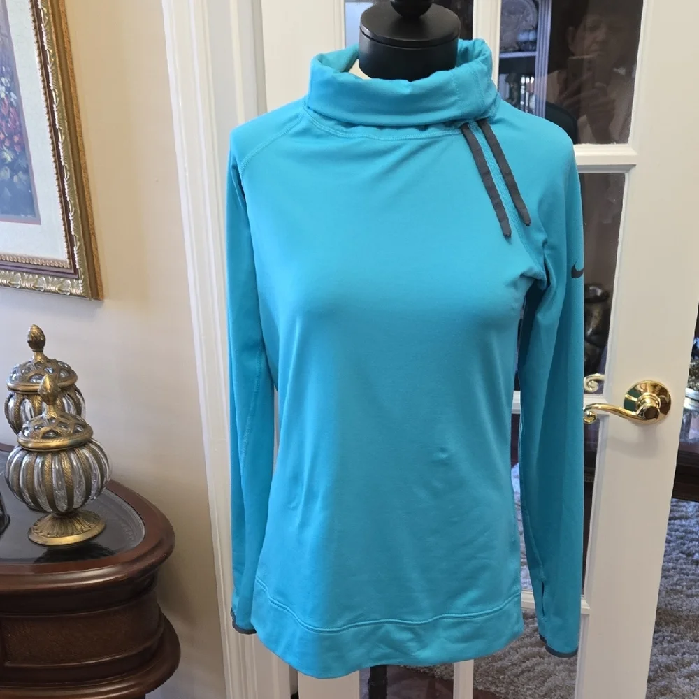 Nike Pro Teal Athletic Top Roll Turtle Neck Gray Trim Stretch Size Large EUC